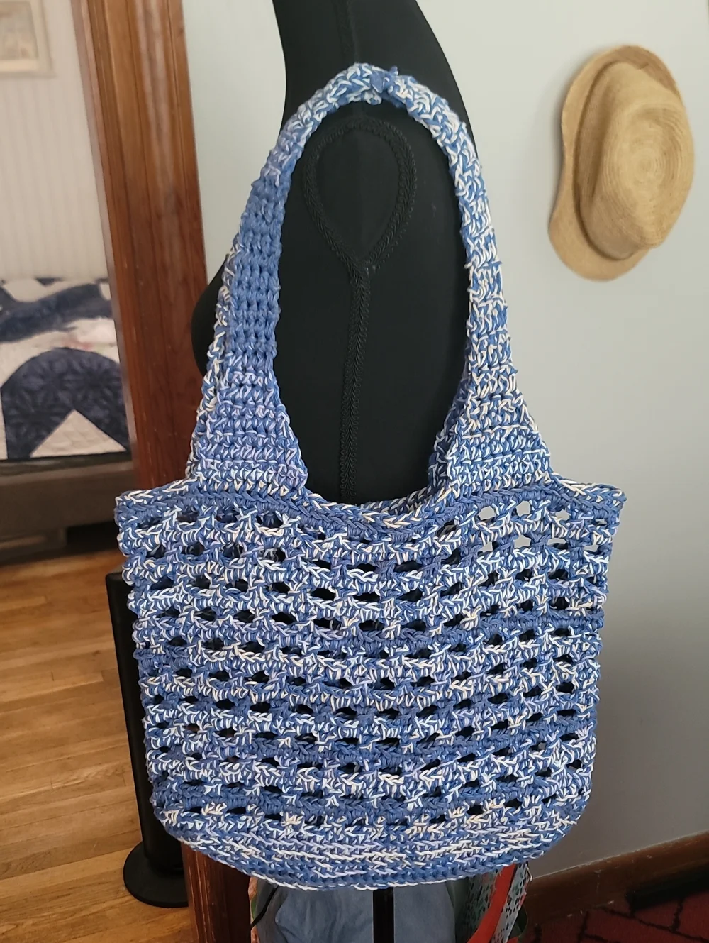 Hand Crocheted Blue Peek-a-Boo Market  Tote Bag